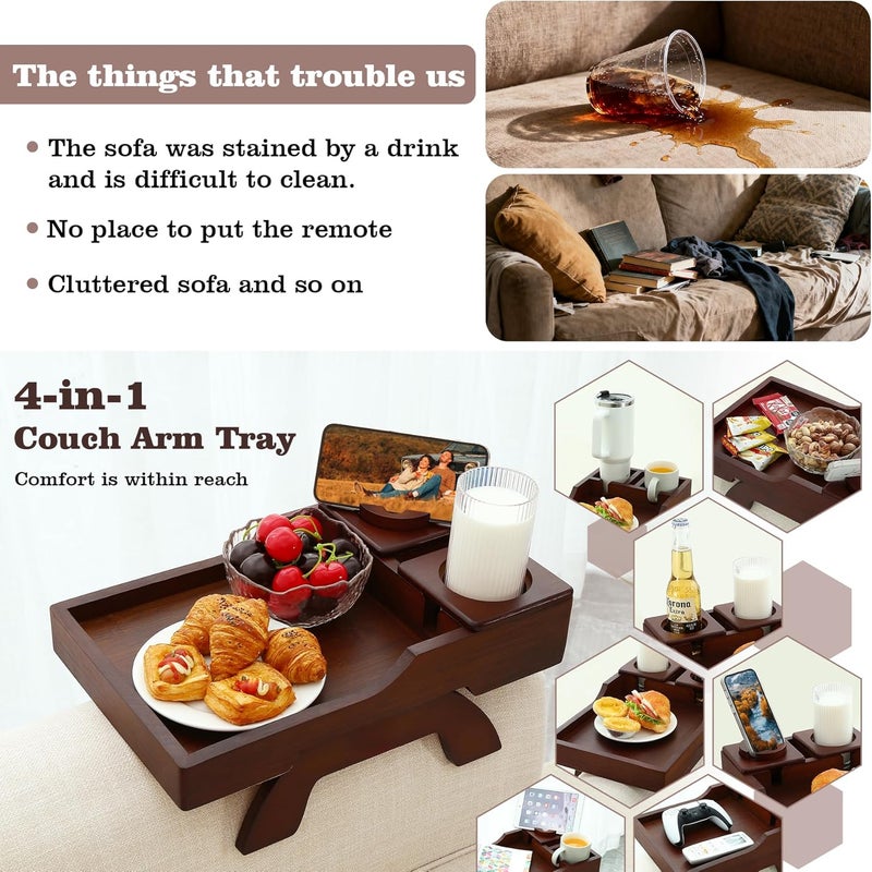 GHKINMAL Couch Cup Holder Tray, 15.4"x9.9" Large 4 in 1 Couch Armrest Table with 360°Rotated Phone Holder, Non-Slip Clip on Side Table for Drinks/Remote/Snacks, Ideal Gift for Husband, Wife, Parents - Image 2